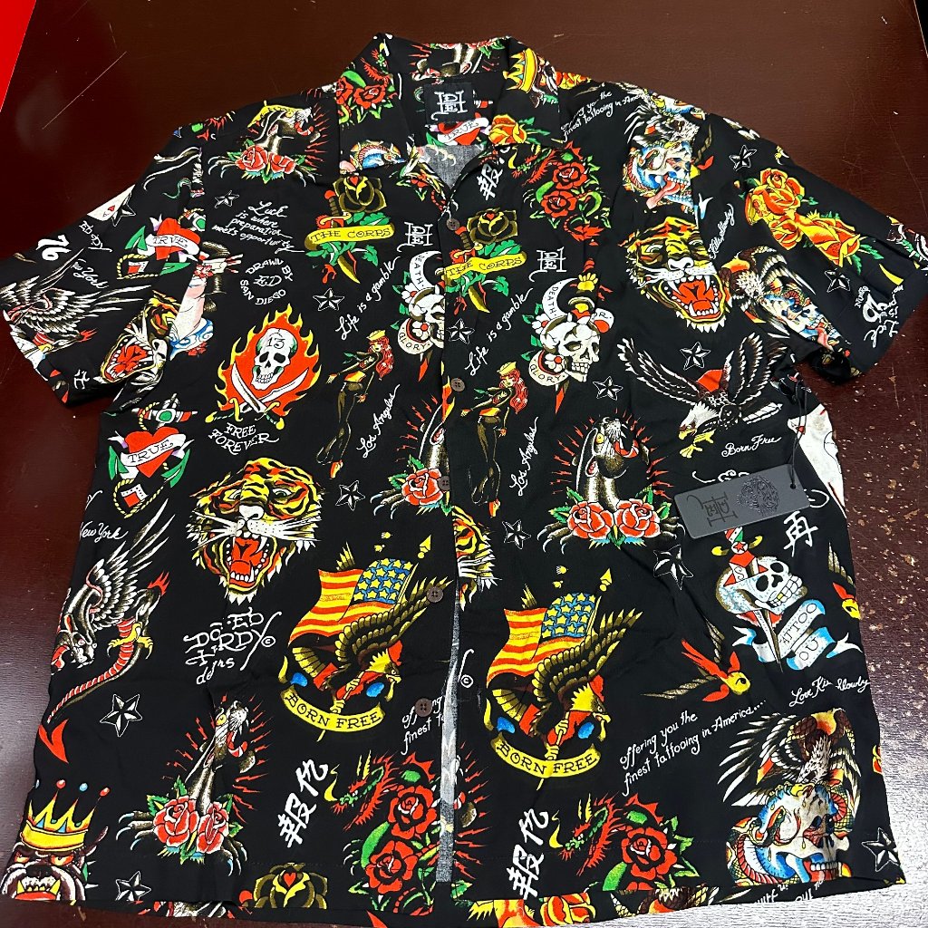 Ed Hardy Mens Black Animals Print Short Sleeve Collar Button Front Shirt Size L